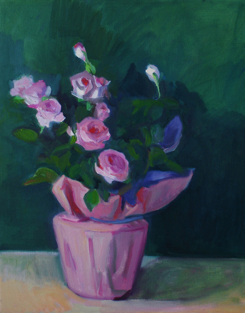 Carol Steinberg  'Mini Pink Roses In Pink Wrapper', created in 2010, Original Painting Oil.