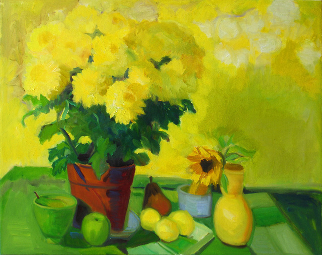 Carol Steinberg  'Yellow Mums On Yellow', created in 2010, Original Painting Oil.