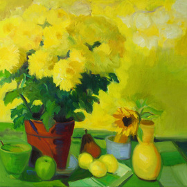 Carol Steinberg: 'Yellow Mums on Yellow', 2010 Oil Painting, Floral. Artist Description:     flowers floral yellow still chrysanthemums mumsbright cheerful ...