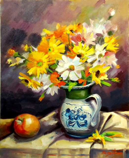 Artist Calin Bogatean. 'Apple And  Flowers' Artwork Image, Created in 2011, Original Painting Oil. #art #artist