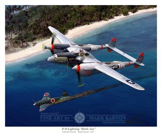 Mark Karvon: 'P38 Lightning Battle Axe', 2007 Other Painting, Airplanes.  The P- 38 was one of the most advanced fighter designs during World War Two. The design was used extensively in the Pacific Theater of Operations by the United States. It offered excellent performance in speed and rate of climb but it was especially desirable for it's long- range...