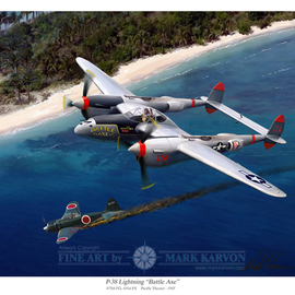 Mark Karvon: 'P38 Lightning Battle Axe', 2007 Other Painting, Airplanes. Artist Description:  The P- 38 was one of the most advanced fighter designs during World War Two. The design was used extensively in the Pacific Theater of Operations by the United States. It offered excellent performance in speed and rate of climb but it was especially desirable for it's ...