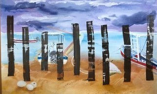 Cecilia Sassi: 'behind the fence', 2017 Oil Painting, Expressionism. Oil on canvas.Series, Borderland.In this series there are always two sides and the willing to cross.In this particular canvas there is a beach, a fence. In one side some eggs with life inside and the sand. In the other side the sea, some boats, may be to ...