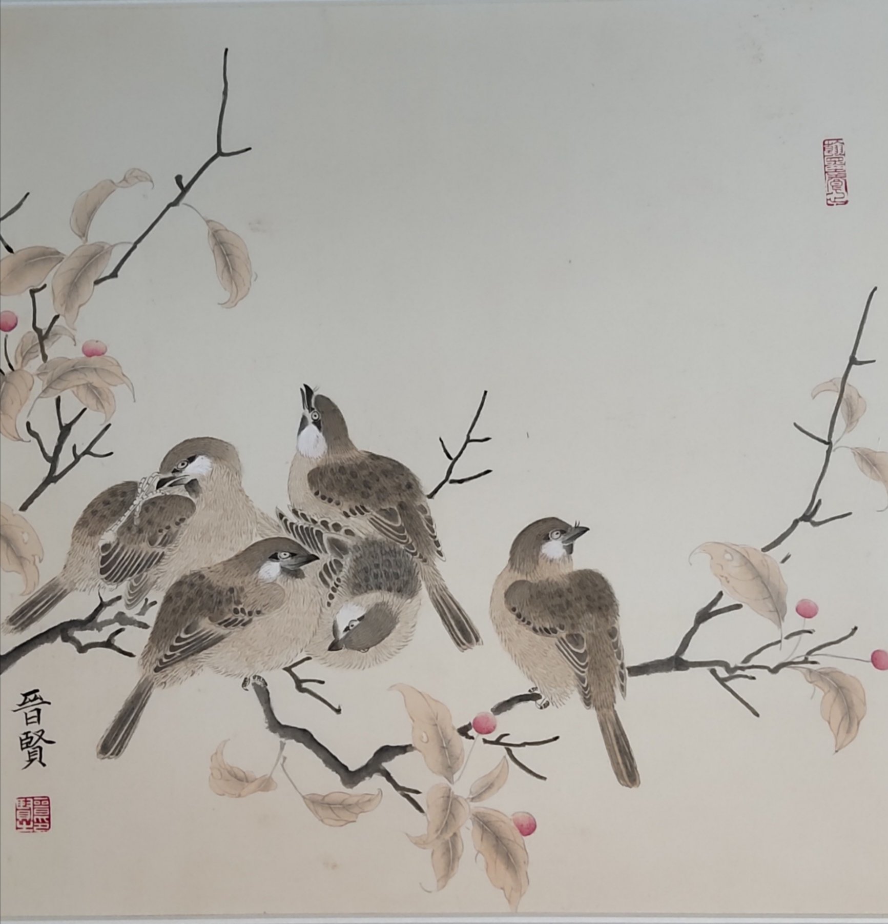 Jinxian Zhao : 'chinese painting', 2019 Ink Painting, Birds. This is meticulous painting , belong to one of chinese painting.  key on the brush line , difference to other type painting. ...