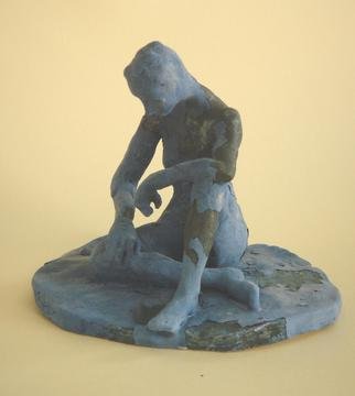 Bobbie Newman: 'Am I Blue', 2005 Ceramic Sculpture, Figurative. Blue and black glazed nude female dancer like figure sitting in reflective pose...