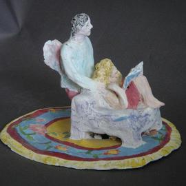 Bobbie Newman: 'Her Guardian Angel', 2005 Ceramic Sculpture, Love. Artist Description: Female Lover reading a book in a chair with winged male watching over her. Stained bisque ware....