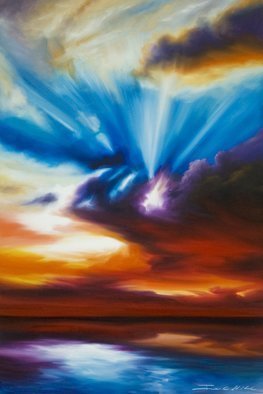 James Hill: 'Skryrise', 2012 Oil Painting, Sky.       Original Oil Painting, Sunrise, Sunset, Ocean, Sky, Shoreline, Shore, Sea, Water, River, Clouds, Cloudscapes, morning, evening, red, yellow, orange, blue, green, light, power, God, Love, Energy      ...