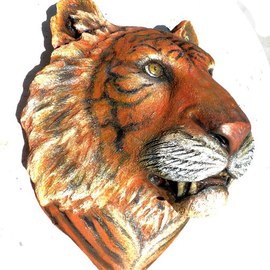 Chris Dixon: 'Tiger Head Mask Realistic Bust ', 2014 Mixed Media Sculpture, Animals. Artist Description:  Lifesized tiger head is a massive 21 in long x 17 in wide x 14 in depth off the wall!  Use our lion head to guard the front and this full life sized tiger head in the private gardens.  Highly realistic tiger details are suitable indoors or outdoors.   ...