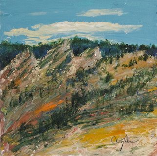 Chris Jehn: 'boulder flat irons', 2016 Acrylic Painting, Landscape. Boulder flat irons painting on canvas. Abstracted, framed. Bright, blue, orange, green. ...