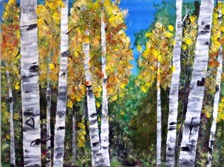 Chris Jehn: 'fall aspen with thunderbird', 2017 Mixed Media, Trees. Colorado fall aspen with thunderbird carving in trunk. Mixed media on board: ink, acrylic water color paper. bright blue and yellow ...