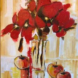Christian Mihailescu: 'flowers and apples', 2019 Acrylic Painting, Still Life. Artist Description: Just flowers in a vase and few apples. Mostly knife application...