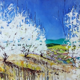 Chris Walker: 'abloom', 2019 Oil Painting, Landscape. Artist Description: Abloom - Cerisiers et Gordes Oil on stretched canvas  70cm x50cm x 1. 7cm Viewing Gordes from a distant hilltop through the blooming cherry orchard. cherry almond luberon provence blossom...