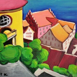 Krisztina Lantos: 'meersburg', 2017 Acrylic Painting, Landscape. Artist Description: Beautiful old German town at the board of the Lake Constance...