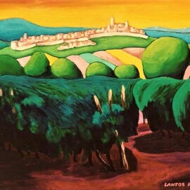Krisztina Lantos: 'orvieto and vineyard', 2019 Acrylic Painting, Landscape. Artist Description: Orvieto in Italy in distance on the hill with vineyard in the foreground. Famous wine growing region. ...