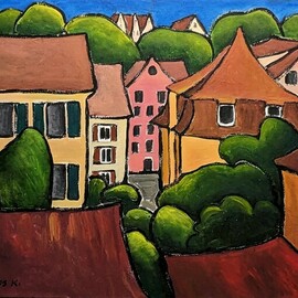 Krisztina Lantos: 'room with a view', 2022 Acrylic Painting, Landscape. Artist Description: View from our window in Tuebingen with the roofs of the town. ...