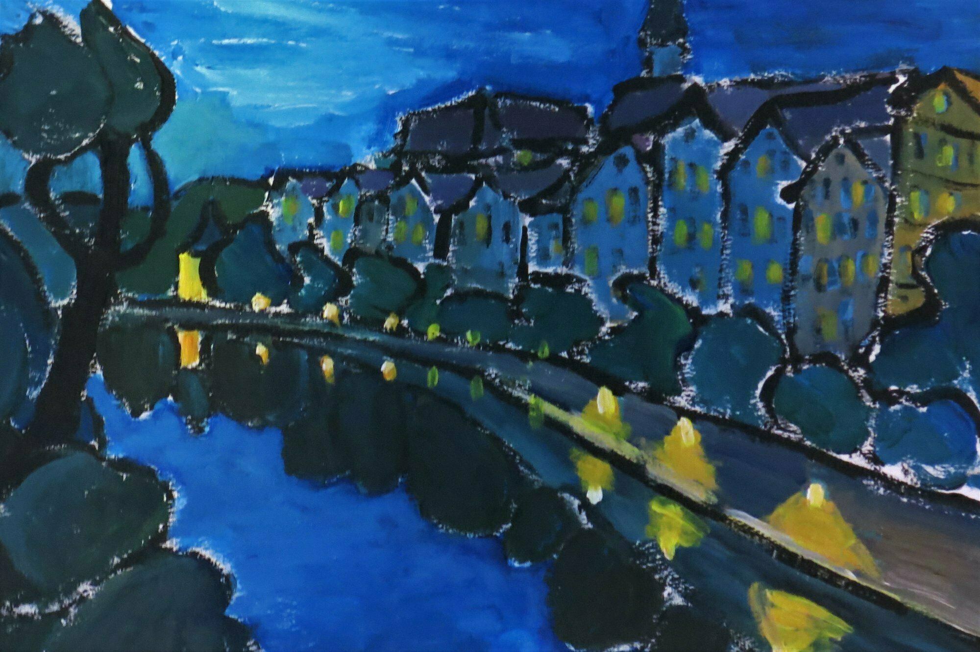 Krisztina Lantos: 'tuebingen neckar front at night', 2019 Acrylic Painting, Landscape. Tuebingen along the Neckar river has a picturesque view from the bridge with its mediaeval houses and church tower.  PAINTING ON PAPER...