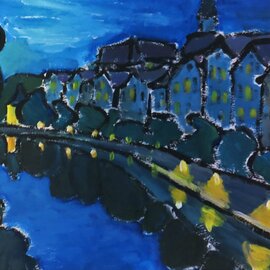 Krisztina Lantos: 'tuebingen neckar front at night', 2019 Acrylic Painting, Landscape. Artist Description: Tuebingen along the Neckar river has a picturesque view from the bridge with its mediaeval houses and church tower.  PAINTING ON PAPER...