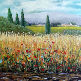 Isidro Cistare: 'a corner of my country', 2020 Oil Painting, Landscape. Artist Description: A Corner of My Country Painted in oil on canvas, with much contribution of matter, by spatula and brushes.  The artist reflects in this landscape, wheat fields in the foreground, with poppies, in front of the green fields of grazing and tillage, to the village surrounded by forests ...