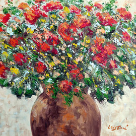 Isidro Cistare: 'flores rojas', 2021 Oil Painting, Floral. Artist Description: Red Flowers.  Oil painting on canvas, with a lot of material input, using spatula and details with thick brush.  It represents a clay vase, full of red flowers accompanied by branches of shrubs of different shades, giving the whole a beautiful decorative and cheerful bouquet typical of spring, ...