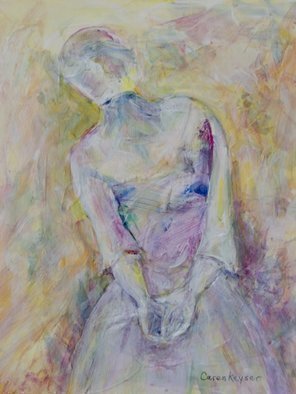 Caren Keyser: 'Party Dress', 2018 Acrylic Painting, Figurative. She is in a pretty party dress with a simmering silk organza jacket.  Her posture looks coy and flirtatous.  Soft orchid colors against a yellow background creates a lovely painting.  This was created intuitively by applying the paint abstractly and then finding the emerging figure within the brushstrokes and drips ...