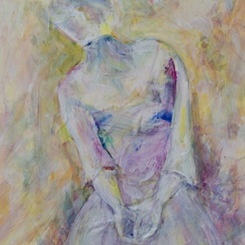 Caren Keyser: 'Party Dress', 2018 Acrylic Painting, Figurative. Artist Description: She is in a pretty party dress with a simmering silk organza jacket.  Her posture looks coy and flirtatous.  Soft orchid colors against a yellow background creates a lovely painting.  This was created intuitively by applying the paint abstractly and then finding the emerging figure within the brushstrokes ...