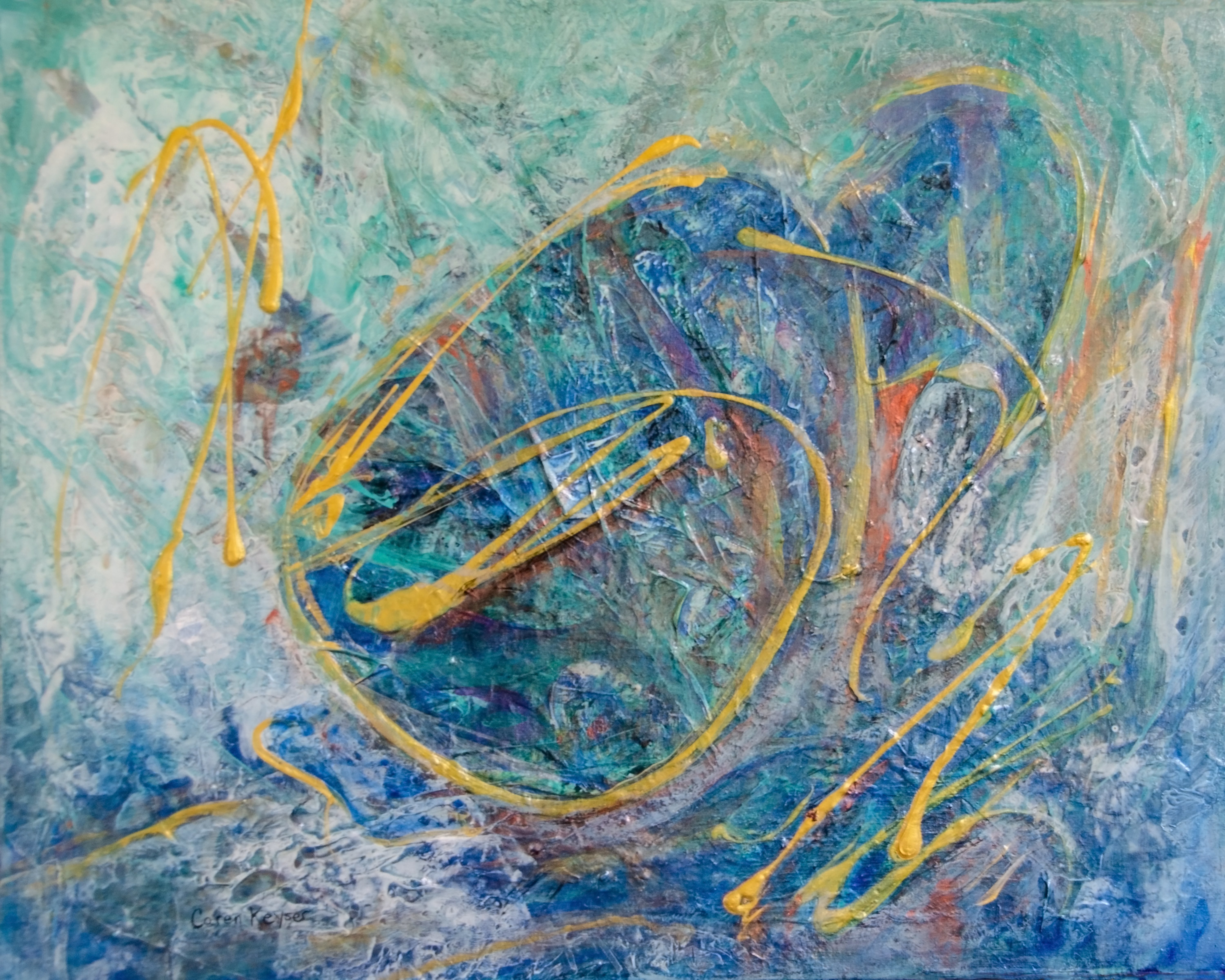 Caren Keyser: 'blue crouch', 2019 Acrylic Painting, Abstract Figurative. Metallic paints make this painting sing.  The figure is drawn in gold over shimmering blues. ...