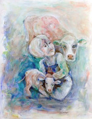 Caren Keyser: 'farm boy', 2018 Acrylic Painting, Abstract Figurative. This young farm boy is sitting on the ground holding a young calf while the mother cow is watching closely over his shoulder.  This is a heart warming scene loosely painted in blues and other soft colors. ...