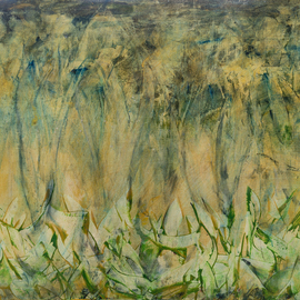 Caren Keyser: 'golden mist', 2019 Acrylic Painting, Abstract Figurative. Artist Description: In this is an abstract painting figures seem to appear through a golden mist.  The greenery in the foreground is like blades of grass or shrubbery.  See what you will, it is an interesting painting.  Greens, blues and golds are enmeshed in the fibers of the canvas giving ...