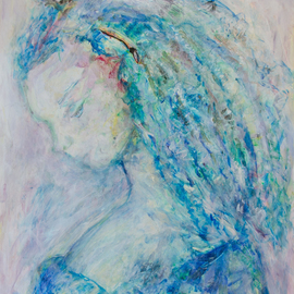 Caren Keyser: 'princess blue', 2017 Acrylic Painting, Abstract Figurative. Artist Description: Beautiful hair in a blue world frames the delicate features of this young princess. The painting is acrylic on Yupo, a plastic paper. The face was formed from paint running along the surface in the initial painting and then the girl was developed intuitively from the paint itself. ...