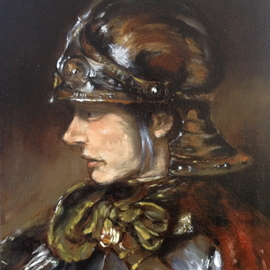 Colin Mark Mowat: 'woman in armour', 2019 Oil Painting, Portrait. Artist Description: This is a small study painting a woman in armour, in the style of by Rembrandt Van RijnInspired by one of the great masters Rembrandt, i have been driven of late to progress my method of oil painting by studying some of my classic art heros.  In my ...