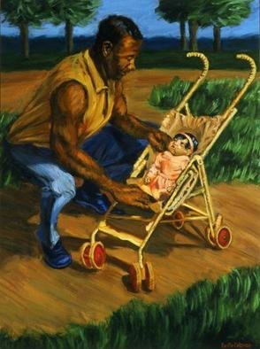 Lucille Coleman: 'Man Tending Baby', 2003 Oil Painting, Family. A father lovingly tends to his baby during a walk in the park. A strong man and a little soft baby juxtaposed reveals a refreshing and strong contrast.A(c) 2003 Lucille Coleman...