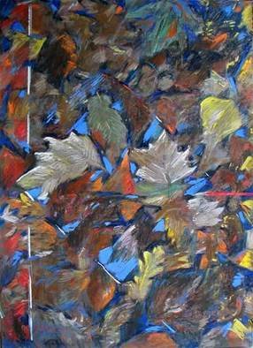 Bernard Marie Collet: 'Leaves around an Icon of Sky', 2005 Pastel, nature.  the fallen sheets still have some embers .Autumn leaves fallen on water reflecting the blue sky...