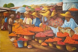Chris Omeruo: 'tomato and pepper sellers', 2011 Oil Painting, Indiginous. This is the precise, detailed and accurate representation of a market scene in an Urban settlement in Lagos where Tomatoes and Peppers are being sold. . .  Put in one word - Realism.  This is where i usually buy these stuffs in large quantity and very low price.  At some point i thought ...