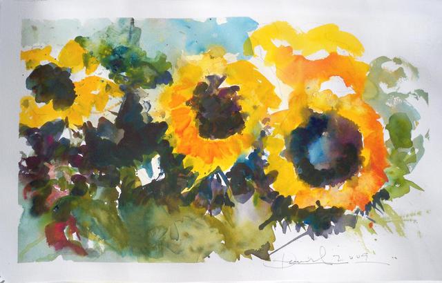 Artist Daniel Clarke. 'Lucys Sunflowers' Artwork Image, Created in 2009, Original Woodcut. #art #artist