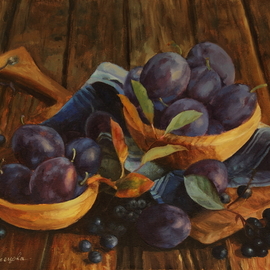 Dariusz Bernat: 'originalprints prunes berrys', 2017 Oil Painting, Food. Artist Description: prune, berry, realism, violet, canvas, colonial, gold, oil...