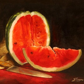 Dariusz Bernat: 'watermelon', 2017 Oil Painting, Food. Artist Description: realism, red, table, watermelon, contrast, green, light...