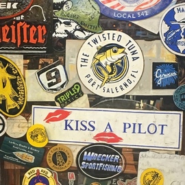 David Larkins: 'americana', 2019 Oil Painting, Americana. Artist Description: When you visit HogaEURtms Breath Saloon in Key West, Florida it is customary to leave behind a sticker, license plate or business card, a piece of who you are, a snapshot of America, every possible spot in the saloon is embellished with them We all have a ...