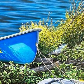 David Larkins: 'betsie bat blue', 2024 Oil Painting, Boating. Artist Description: Walking along Frankfort, Michigan s Betsie Bay is always a favorite of ours. A dingy sits along the shore, what a contrast of blues dancing around ...