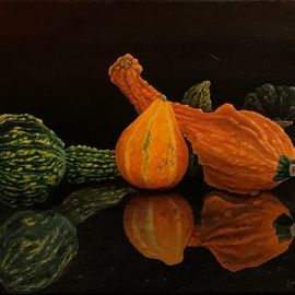 David Larkins: 'gremlins and granite', 2020 Oil Painting, Still Life. Artist Description: After last years gourd harvest I placed some on our granite island and took severapictures not knowing if i d ever do something with them.Well, strange times makes strange still life s ...