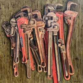 David Larkins: 'just in case', 2017 Acrylic Painting, Farm. Artist Description: While we were sorting through my late father- in- lawaEURtms barn preparing for the farm auction we continued to run across all sorts of monkey and pipe wrenches.They kept on accumulating and when we were finished I noticed the pile of them sitting on the trailer ...
