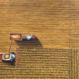 David Larkins: 'making chaff', 2022 Oil Painting, Farm. Artist Description: One of the best times of the year is harvest begins and autumn is in the airIn this scene I wanted to capture a harvest with the chaff flying in a differentabstractview. ...