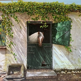 David Larkins: 'pinto stewart of bunratty', 2019 Oil Painting, Farm. Artist Description: While visiting Ireland this year we went to Bunratty Castle, in a small villiage next to the castle I came across this wonderful stable, I told my wife Laura that all I needed was a horse to put in the stable door. She immediatly said Pinto, her first ...