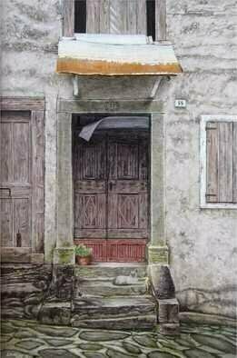 David Larkins: 'pixie in pesariis', 2018 Acrylic Painting, People. While walking along the cobblestone streets in Pesariis, Italy, a small village nestled in the Italian Alps, I came upon this old house which is probably hundreds of years oldAs usual, I like to have a heartbeat in my paintings.  This one is a memorial to our beloved Tonkinese cat aEURoe...