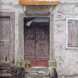David Larkins: 'pixie in pesariis', 2018 Acrylic Painting, People. Artist Description: While walking along the cobblestone streets in Pesariis, Italy, a small village nestled in the Italian Alps, I came upon this old house which is probably hundreds of years oldAs usual, I like to have a heartbeat in my paintings.  This one is a memorial to our beloved ...
