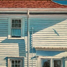 David Larkins: 'summer of 22 pt betsie', 2023 Oil Painting, Architecture. Artist Description: Another abstract realism that I love to paint, the blues from summer shadows cast on the old Coast Guard Station at P. t Betsie. The seagull shadow adds the heartbeat that I include in so many of my paintings. ...