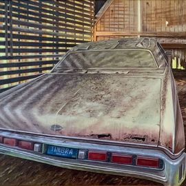David Larkins: 'the corn crib', 2021 Oil Painting, Farm. Artist Description: While exploring a friends three barns, I came across a73 Lincoln Continental in a corn crib.  The reflected, diffused light bouncing around the dusty car caught my artistic attention.There were many Ground Hog tracks and a few holes inside the crib so I decided to add one ...