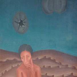 Raquel Davidovici: 'esperando', 1973 Oil Painting, Surrealism. 