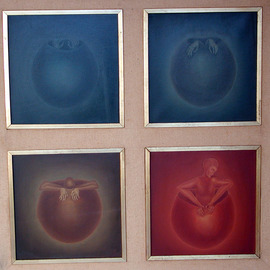 Raquel Davidovici: 'surgimiento cuadriptico', 1973 Oil Painting, Surrealism. 