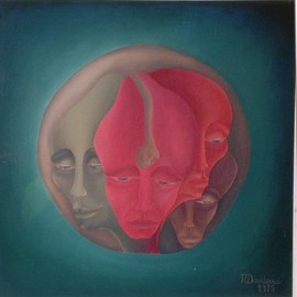 Raquel Davidovici: 'todos en uno', 1975 Oil Painting, Surrealism. 