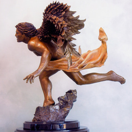 Dawn Feeney: 'Azrael Side View', 2006 Bronze Sculpture, Spiritual. Artist Description:  highly detailed bronze sculpture with ferric ( yellow- brown) patina on body, sulfur( sienna- gold) patina on flowing cloth, and wings fade from patinas of liver ( dark brown) , to ferric( yellow- brown)   ...